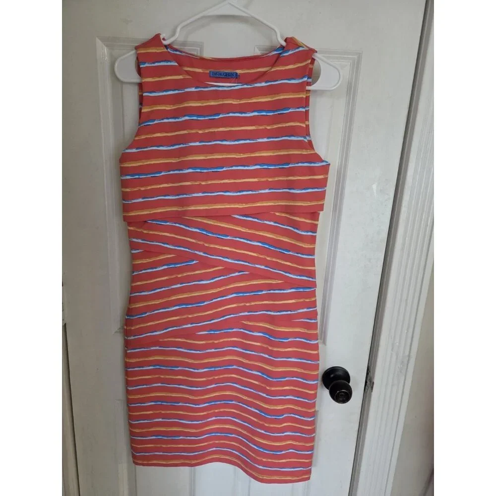J McLaughlin Coral, Orange‎ & Blue Sleeveless Striped Knee Length Dress S/M NWT